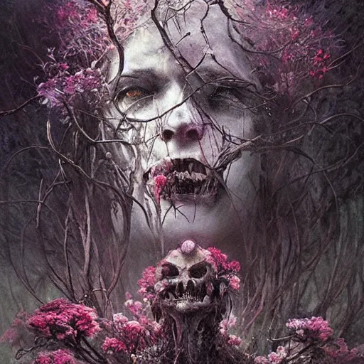 Prompt: a beautiful terrifying monster made of flowers and branches ethereal horror fantasy art by greg rutkowski and raymond swanland and monet