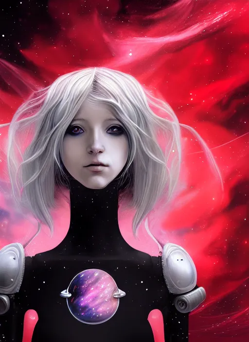 Prompt: highly detailed portrait of a hopeful pretty astronaut lady with a wavy blonde hair, by Brian Froud, 4k resolution, nier:automata inspired, bravely default inspired, vibrant but dreary but upflifting red, black and white color scheme!!! ((Space nebula background))