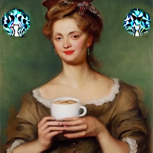 Image similar to eavenly summer sharp land sphere scallop well dressed lady holding a starbucks coffee, auslese, by peter paul rubens and eugene delacroix and karol bak, hyperrealism, digital illustration, fauvist, starbucks coffee, green coffee logo