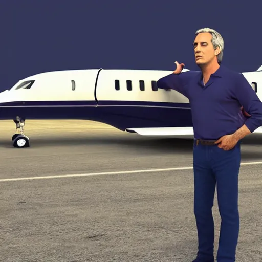 Prompt: aesthetic illustration of jeffrey epstein, wearing a dark blue polo shirt, standing by his bombardier private jet on an empty runway at dusk, cinematic lighting, high detail, volumetric lights, rule of thirds, unreal engine 5 render, pinterest wallpaper, trending on artstation
