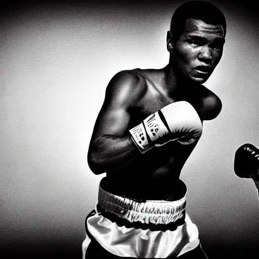 Prompt: mohamed ali boxing, black and white photo, beautiful dynamic lighting, cinematic, extremely high detail, photo realistic, cinematic lighting, 8 k