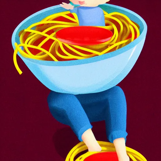 Image similar to A tiny man sitting in a bowl of spaghetti, digital art