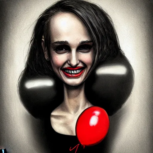 Prompt: surrealism grunge cartoon portrait sketch of natalie portman with a wide smile and a red balloon by - michael karcz, loony toons style, freddy krueger style, horror theme, detailed, elegant, intricate
