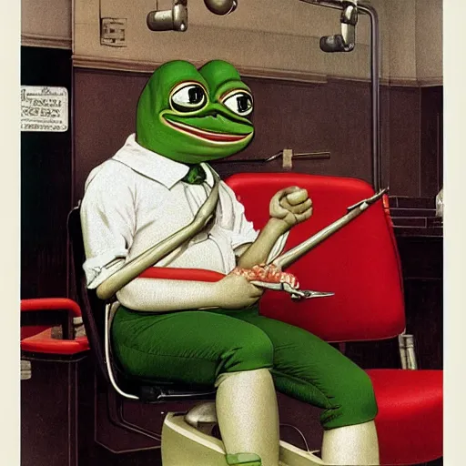 Image similar to pepe the frog at the dentist by norman rockwell