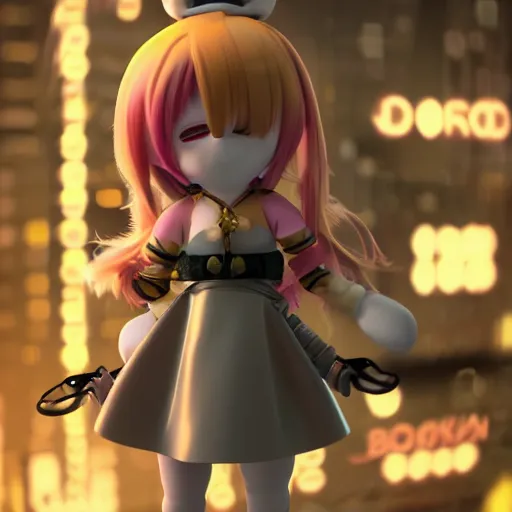 Image similar to cute fumo plush of a girl with prosthetic mechanical arms, golden velvet, bokeh, cyberpunk anime girl, vray