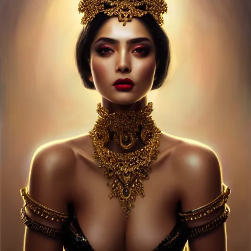 Prompt: expressive oil painting, of alluring persian princess, seductive look, smooth glowing skin, glistening body, love, adoration, ornate headpiece of black beads, black choker, glamour shot, by yoshitaka amano, by greg rutkowski, by jeremyg lipkinng, by artgerm, digital art, octane render, white dress