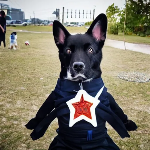 Image similar to photo of a dog wearing a ninja uniform throwing a Chinese-star