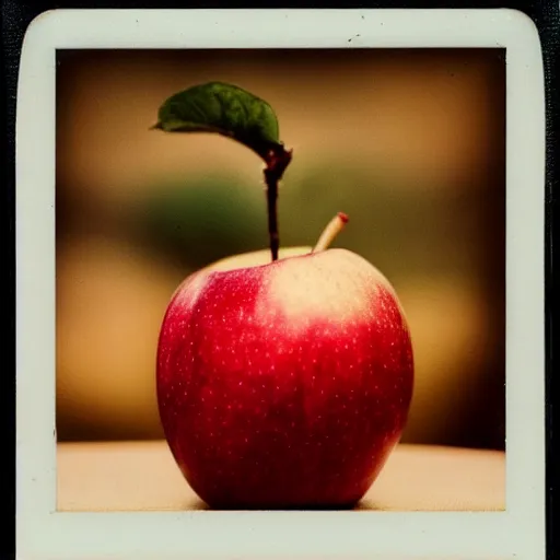 Prompt: closeup polaroid picture of a apple with a worm in it.