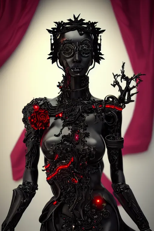 Prompt: full-body cyberpunk style sculpture of a young beautiful dark priestess, half android with a head opening exposing circuitry, glowing red eyes, black roses, flowing blood red colored silk, fabric, candles, baroque elements, human skull. full-length view. baroque element. intricate artwork by Caravaggio. crows flying in background. Trending on artstation, octane render, cinematic lighting from the right, hyper realism, octane render, 8k, depth of field, 3D