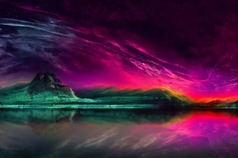 Image similar to Sci-Fi dark high contrast nighttime colorful wallpaper of a beautiful matte landscape painting, 4k, high detail, no noise, low light