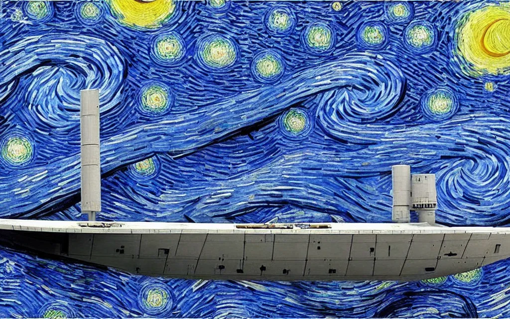 Prompt: star wars star destroyer from star wars in the sky of the starry night by van gogh modern inpainting high details