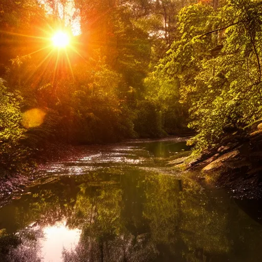 Prompt: river in a forest, golden hour, ray tracing reflection, 8k, hyper realistic