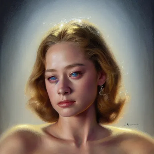 Image similar to photorealistic portrait of a beautiful young Cybil Shepherd, detailed, centered, digital painting, artstation, concept art, by donato giancola, Sean Yoro, Greg Rutkowski, trending on Artstation, Joseph Christian Leyendecker, WLOP, Boris Vallejo, dark, moody, foggy