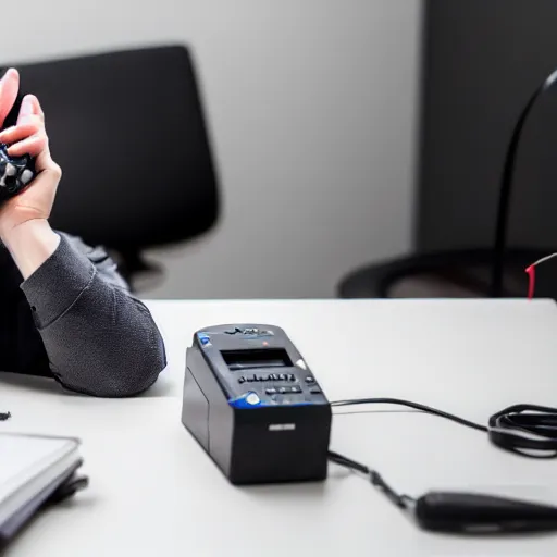 Prompt: A networking engineer passed out on their desk is tasked with another dead end support call on the phone, Canon EOS R3, f/1.4, ISO 200, 1/160s, 8K, RAW, unedited, symmetrical balance, in-frame