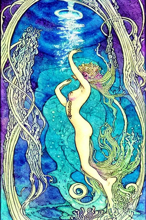 Image similar to alchemical mermaid underwater, fantasy art, art by hans zatzka and walter crane and kay nielsen, watercolor illustration,