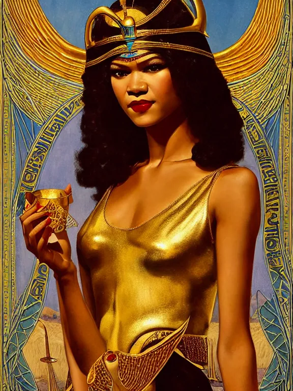 Prompt: zendaya as isis the Egyptian goddess, a beautiful art nouveau portrait by Gil elvgren, Nile river environment, centered composition, defined features, golden ratio, golden jewelry