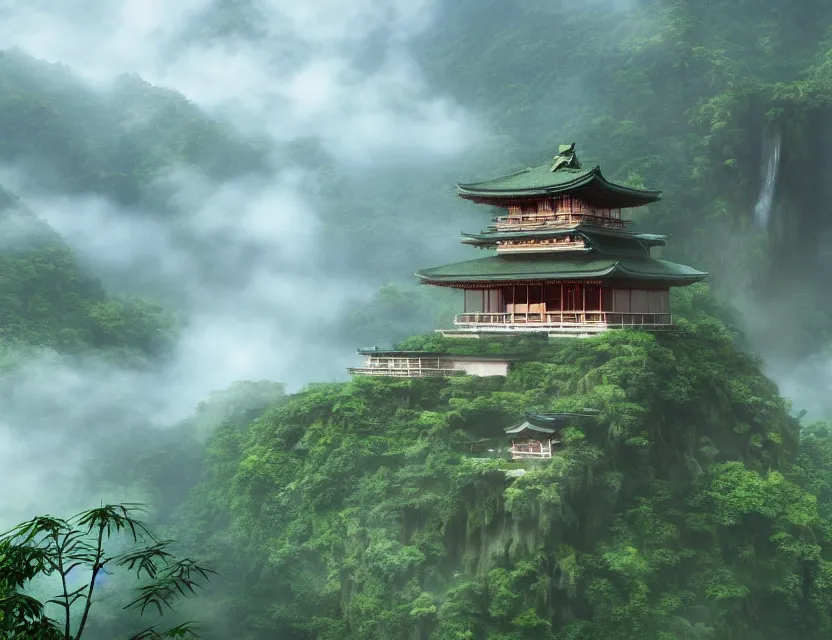 Image similar to a cinematic widescreen photo of epic ancient japanese temples with hot springs on the top of a mountain in a misty bamboo cloud forest with colossal waterfalls at dawn by lee madgewick and studio ghibli and roger dean