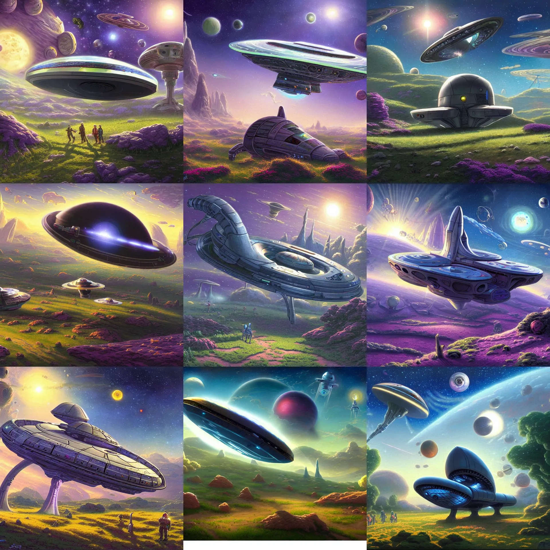 Prompt: a spaceship in a field on an alien planet, art by thomas kinkade, from a space themed serria point and click 2 d graphic adventure game, made in 2 0 1 8