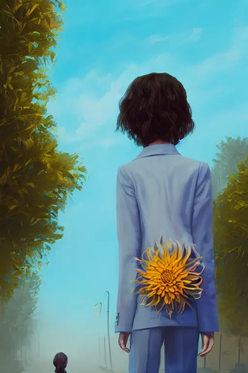 Image similar to closeup giant dahlia flower head, girl in a suit, street, surreal photography, blue sky, sunrise, dramatic light, impressionist painting, digital painting, artstation, simon stalenhag