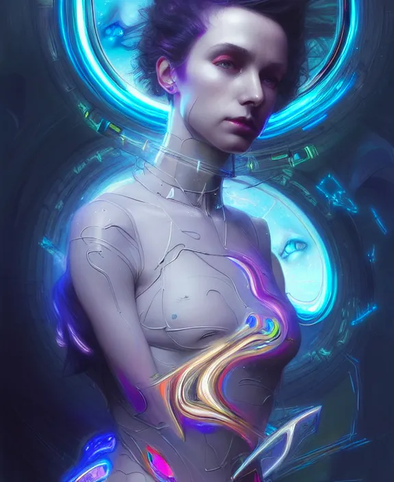 Image similar to a whirlwind of souls rushing inside the metaverse, hologram, half body, neurochip, shaved temple, piercing, jewelry, android, cyborg, cyberpunk face, by loish, d & d, fantasy, intricate, elegant, highly detailed, colorful, digital painting, artstation, concept art, art by artgerm and greg rutkowski and alphonse mucha