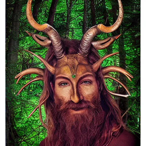 Prompt: portrait of horned god Pan in the forest