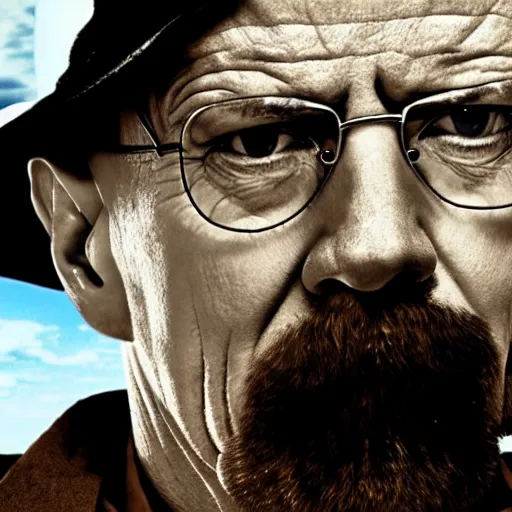 Image similar to breaking bad still frame of walter white in shock with his mouth opened, crying, speechless, desert background, breaking bad