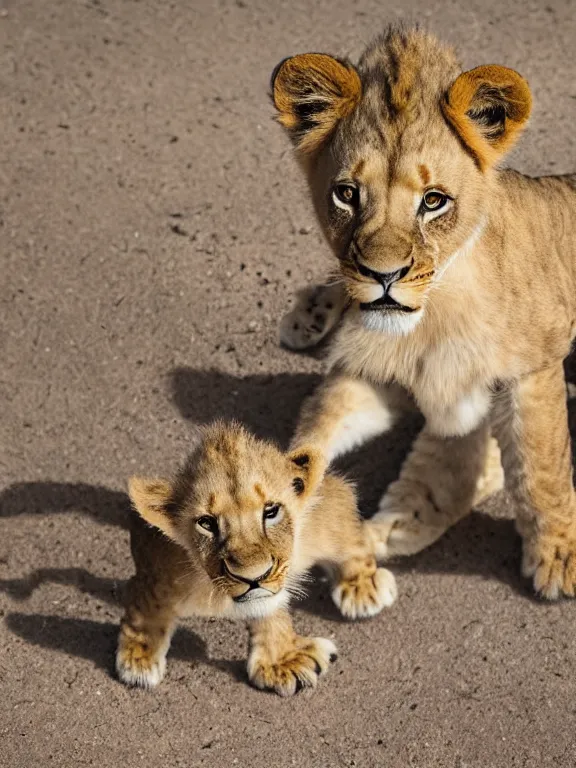 Prompt: 4K HD, high detail photograph, shot with Sigma f/ 4.2 , 250 mm sharp lens, shallow depth of field : (subject= jumping baby lion and a baby duck + subject detail= accurate body features, consistent, high detailed light refraction , high level texture render)