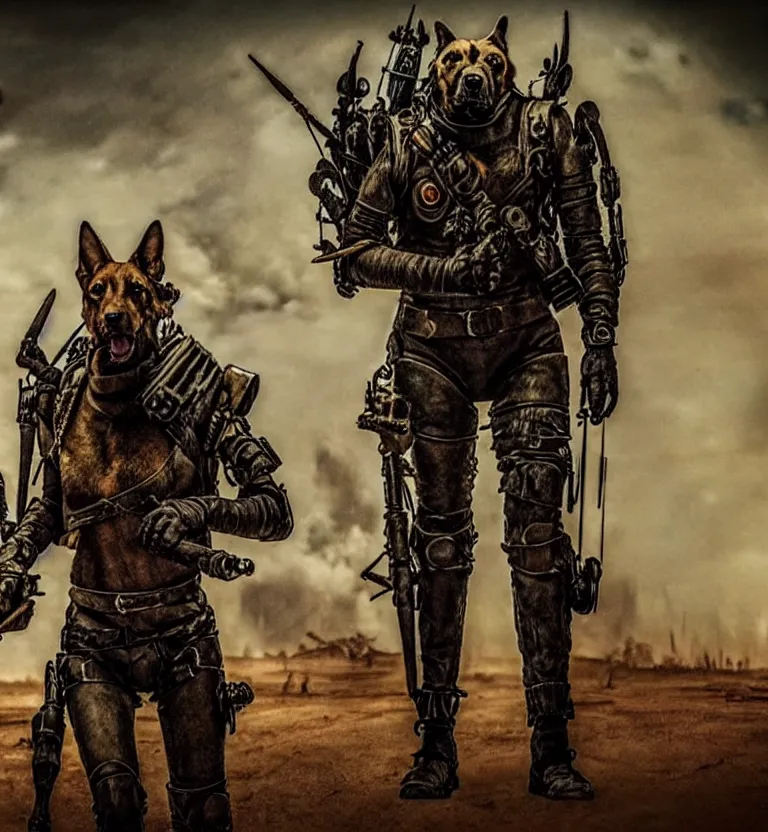 Image similar to a good ol'hound dog fursona ( from the furry fandom ), heavily armed and armored facing down armageddon in a dark and gritty version from the makers of mad max : fury road. witness me.