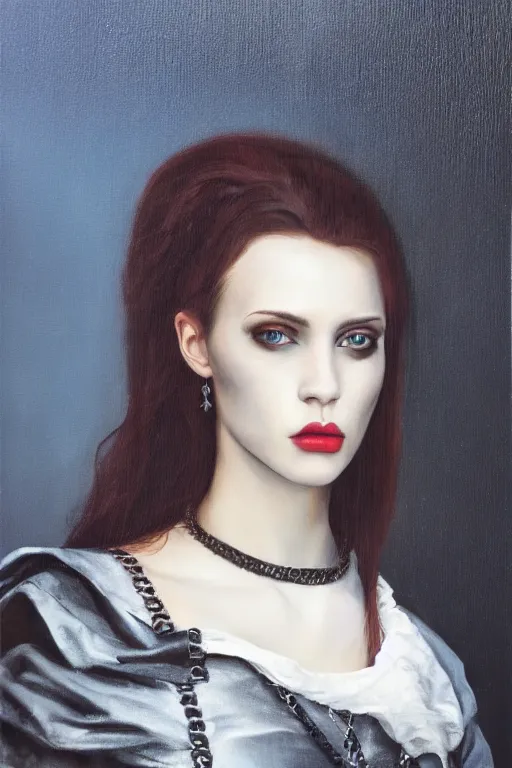 Image similar to hyperrealism oil painting, close - up portrait of european medieval brunette vampire fashion model, knight, steel gradient mixed with nebula sky, in style of baroque