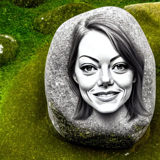 Prompt: big rock solid stone with the emerging face of emma stone buried inside the stone rock, realistic