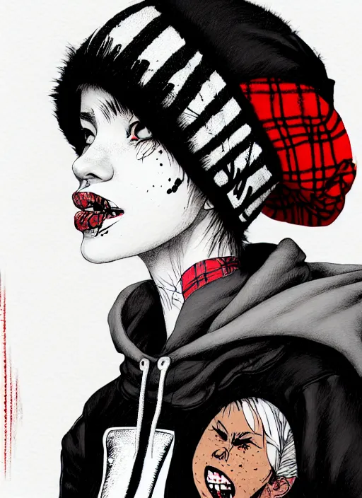 Prompt: highly detailed 3 / 4 profile portrait of an new york sewer punk lady student, eyes, tartan hoody, hat, white hair by atey ghailan, by greg tocchini, by kaethe butcher, by james gilleard, gradient red, black, brown, cream and white color scheme, grunge aesthetic!!! ( ( graffiti tag wall ) )