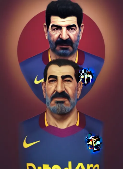 Prompt: portrait of sadam hussain, head and torso, fc barcelona jersey number 1 0, dark blue, maroon red, unreal engine 5, trending on artstation, master piece, octane render, art by artgerm and greg rutkowski and alphonse mucha