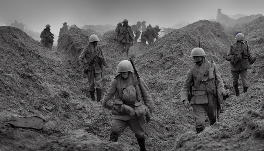 Image similar to ghosts of dead World War 1 soldiers patrolling abandoned trenches, cinematic lighting, IMAX cinematography, 35mm