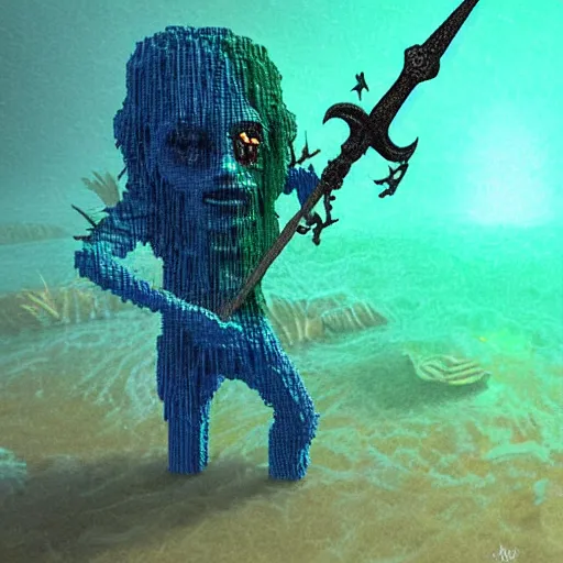 Image similar to voxel painting by greg rutkowski of a drowned zombie holding a trident with glowing cyan eyes, wearing ragged clothing, holding a trident, underwater, pastel green and blue color palette