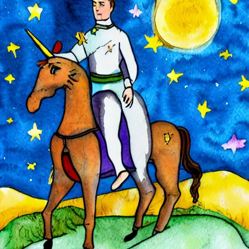 Image similar to wesley crusher riding a unicorn into battle watercolour