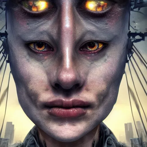 Image similar to full face close up portrait, visions of chaos in a thriving dystopia, by peter woodroffe, by igor morski, by laurie lipton, in a cyber - punk ally, cinematic lighting, volumetric lighting, neosurrealism, realistic shadows, particle effects, rendered in octane, punk, electric, cosmic, cybernetic