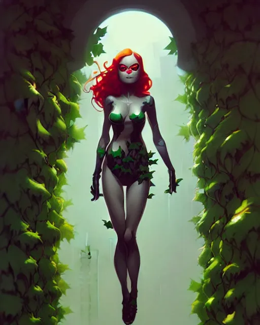 Image similar to peter mohrbacher, phil noto comicbook cover art, artgerm, emma stone poison ivy, vines, symmetrical eyes, full body, city rooftop