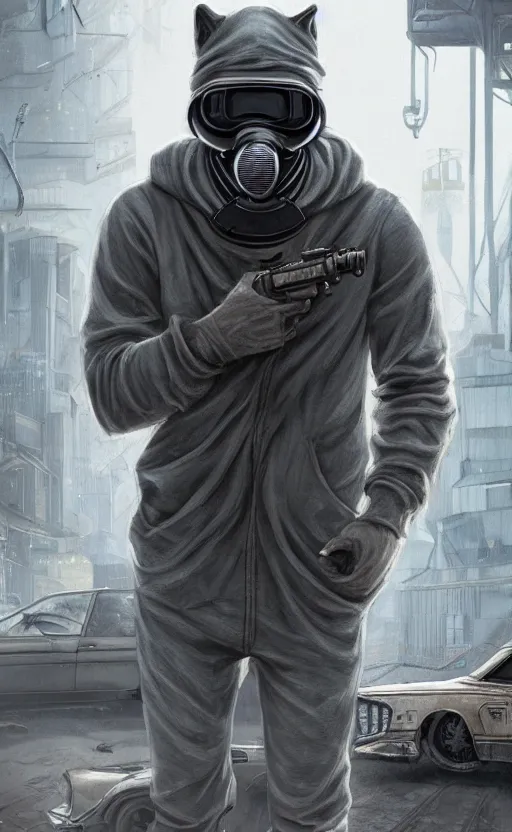 Prompt: wolf gang, cyberpunk, gray hoodie, group photo, old car, abandoned warehouse, weapon, drugs, flex position, grey bandana, gasmask, non fiction stability, intricate, elegant, 8 k, uhd, justify, artstation, concept art, matte, sharp focus, illustration, consistent, highly detailed object content, proportional object content