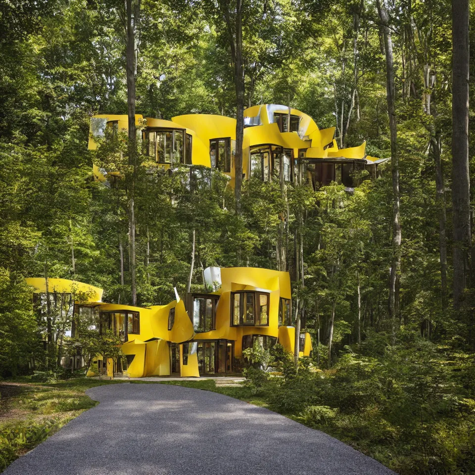 Image similar to a house in a light forest clearing, designed by Frank Gehry. Tiles. Gravel pathway with parking. Barbecue in front. Film grain, cinematic, yellow hue