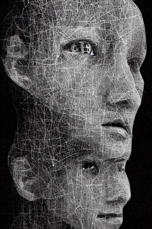 Prompt: a black and white photo of a human head, an ultrafine detailed painting by Igor Morski, behance contest winner, generative art, behance hd, angular, biomorphic