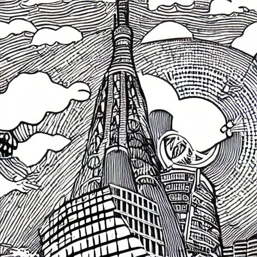 Prompt: mcbess illustration of a giant cat monster attacking tokyo tower