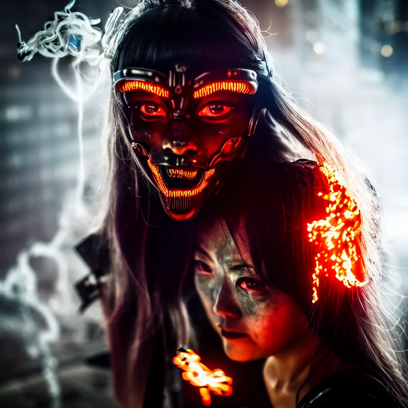 Image similar to a photo close up cyberpunk woman, wearing oni mask, fire dance in cyberpunk dirty alley, smoke mist rain, cyberpunk gunma prefecture, midnight, photorealistic, cinematic color, studio lighting, highly detailed, bokeh, style by tomino - sama