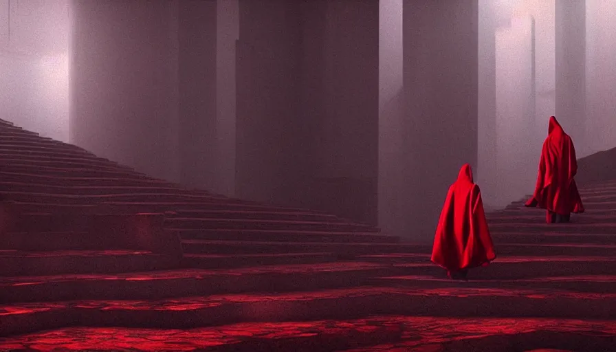 Prompt: figures in red cloaks ascend huge creepy fantasy stairs, photorealistic rendering, cinematic, movie still, by denis villeneuve, volumetric magical lighting