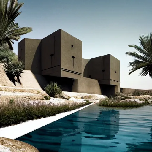 Image similar to brutalism conceptual hotel in the desert, biophilia mood, pool, garden, highly detailed, cinematic, photorealistic,