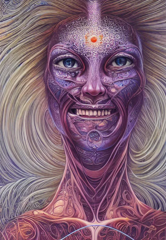 Prompt: perfectly centered portrait front view of a beautiful biomechanical moon goddess, flowing hair, intense stare, sweet sarcastic smile, symmetrical, concept art, intricate detail, volumetric shadows and lighting, realistic oil painting by alex grey,