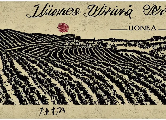 Prompt: wine label template, linocut vineyard landscape by greg rutkowski, fine details, highly detailed