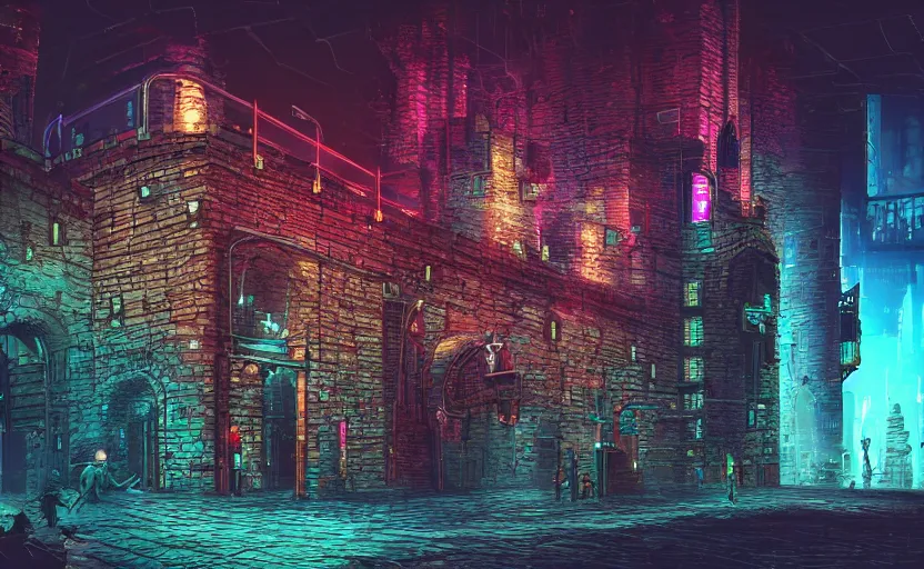 Prompt: a cyberpunk medieval castle, stone brick walls, neon lights, fantasy art, sci - fi, pedestrians