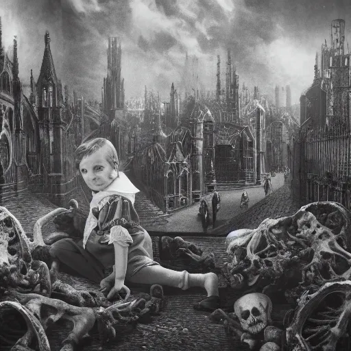 Image similar to a photo of young sad victorian gothic child with big eyes and wide grin sitting on a sofa of bones surrounded by a cyber futuristic cityscape made of human body parts, ultra detailed, 8 k resolution, beautiful lighting, expansive detailed layered city, landscape, 5 0 mm, perfect faces