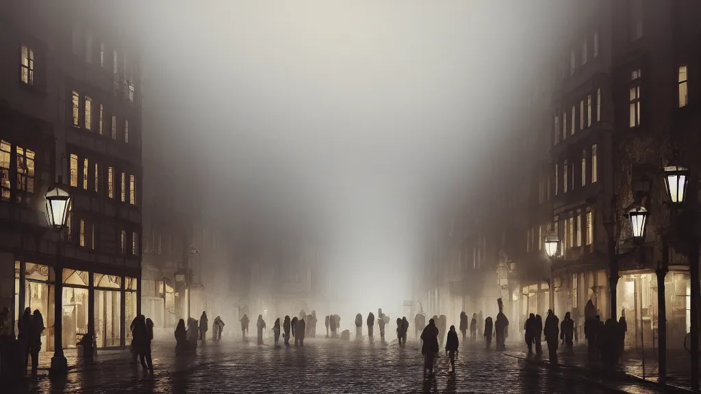 Prompt: dim sun over a crowd of people on street of the old town with houses in the windows of which the light is on. early morning, fog on ground, wet street. mike barr painting. volumetric light, dull colors, dark, noir arthouse, 3 5 mm, hight detalied, hd, 4 k