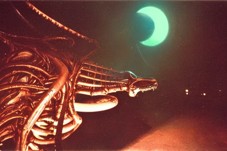 Image similar to vintage photo of alien invasion xenomorph giger style, flash photography at night, retro 1 9 7 0 s kodachrome